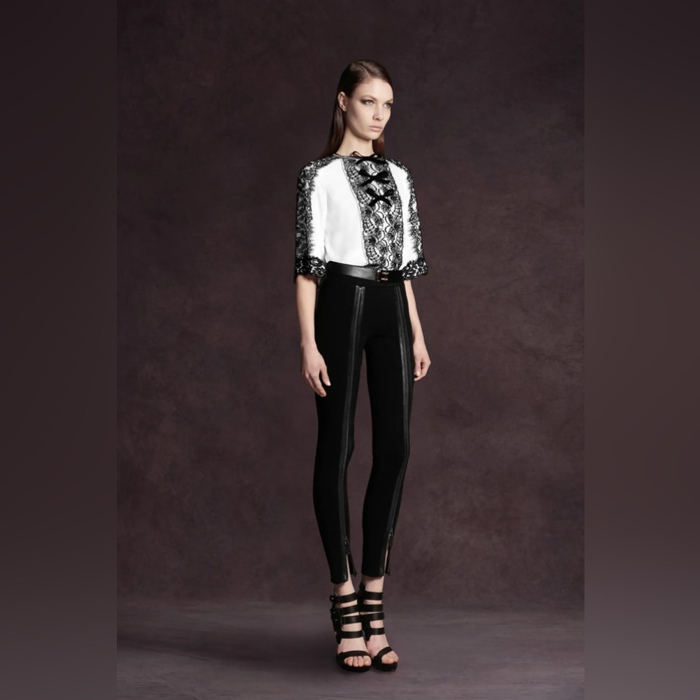 Andrew GN Black Ponte Calf Leather Blend Runway Pants Full Leg Zipper Size 4/6